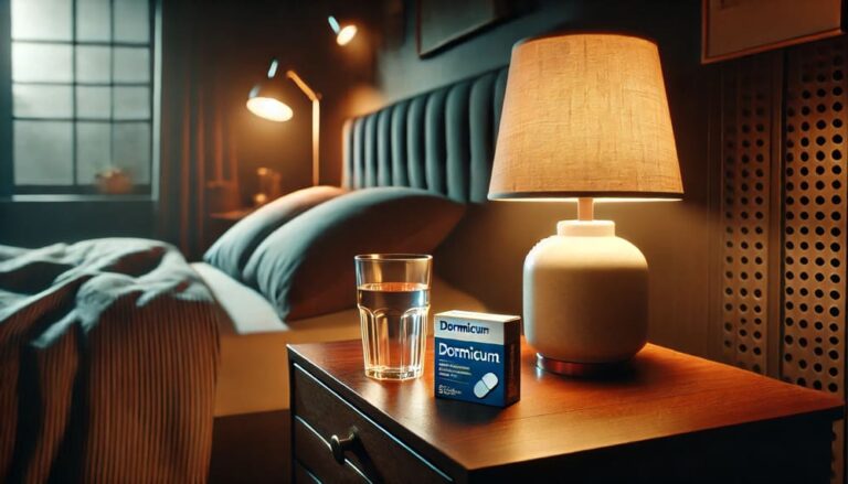 nachttafeltje met Dormicum midazolam tabletten en glas water voor ontspanning voor ingreep