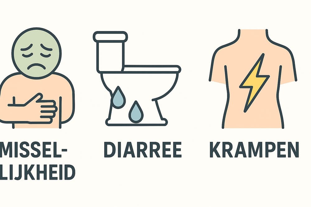 Infographic met iconen voor veelvoorkomende bijwerkingen van Ozempic: misselijkheid, diarree, braken, buikpijn en obstipatie
