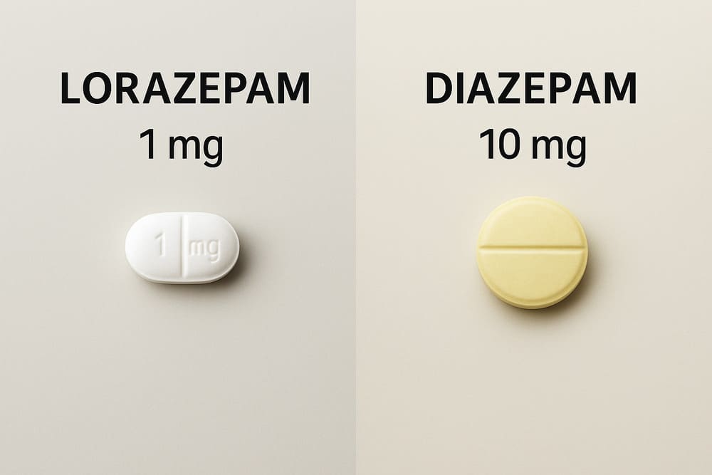 Vergelijking lorazepam 1 mg tablet links en diazepam 10 mg tablet rechts