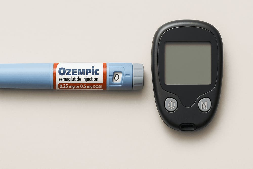 Ozempic-injectiepen naast een bloedglucosemeter op lichte ondergrond