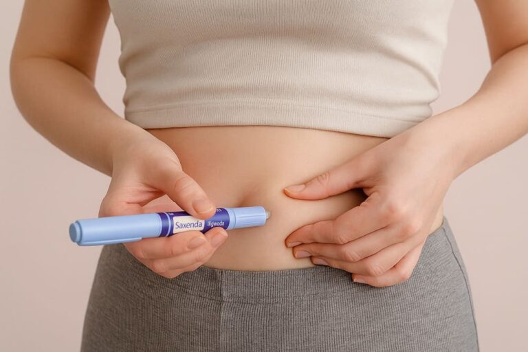 Vrouw injecteert Saxenda pen buik – liraglutide voor afvallen