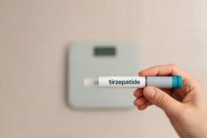 tirzepatide injectiepen naast weegschaal voor gewichtsverlies