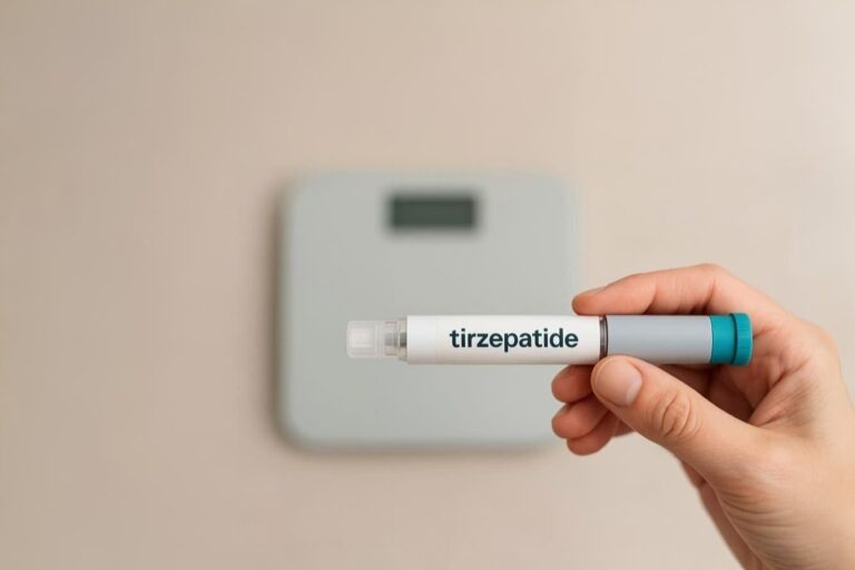 tirzepatide injectiepen naast weegschaal voor gewichtsverlies