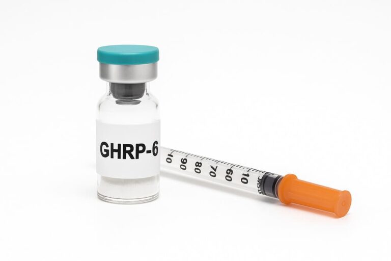 GHRP-6 peptide flesje en injectiespuit op witte achtergrond