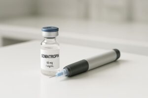 Somatropin injectieflacon en pen op medische tafel