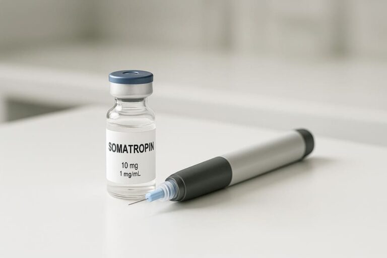 Somatropin injectieflacon en pen op medische tafel