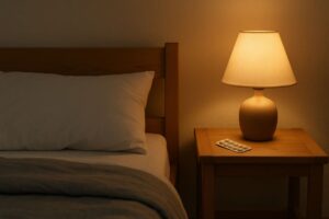 Slaappillen op nachtkastje naast bed