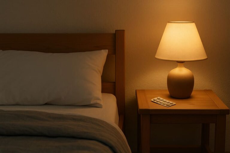Slaappillen op nachtkastje naast bed
